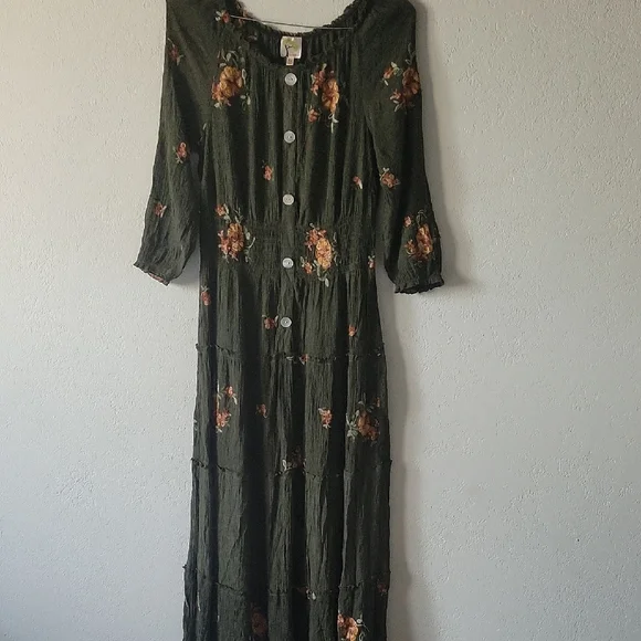Fig and Flower Dark Green Floral Maxi Tiered Dress XL